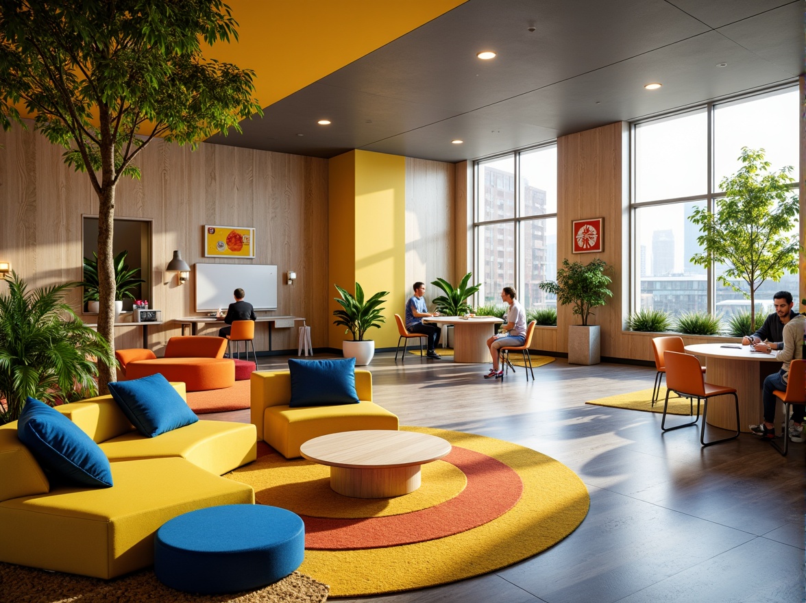 Prompt: Vibrant creative learning space, bold color scheme, stimulating yellow accents, calming blue undertones, energetic orange hues, inspiring greenery, natural wood textures, modern minimalist furniture, sleek metal legs, comfortable cushioned seating, collaborative workstations, interactive whiteboards, innovative technology integration, abundant natural light, soft warm glow, shallow depth of field, 3/4 composition, panoramic view, realistic textures, ambient occlusion.