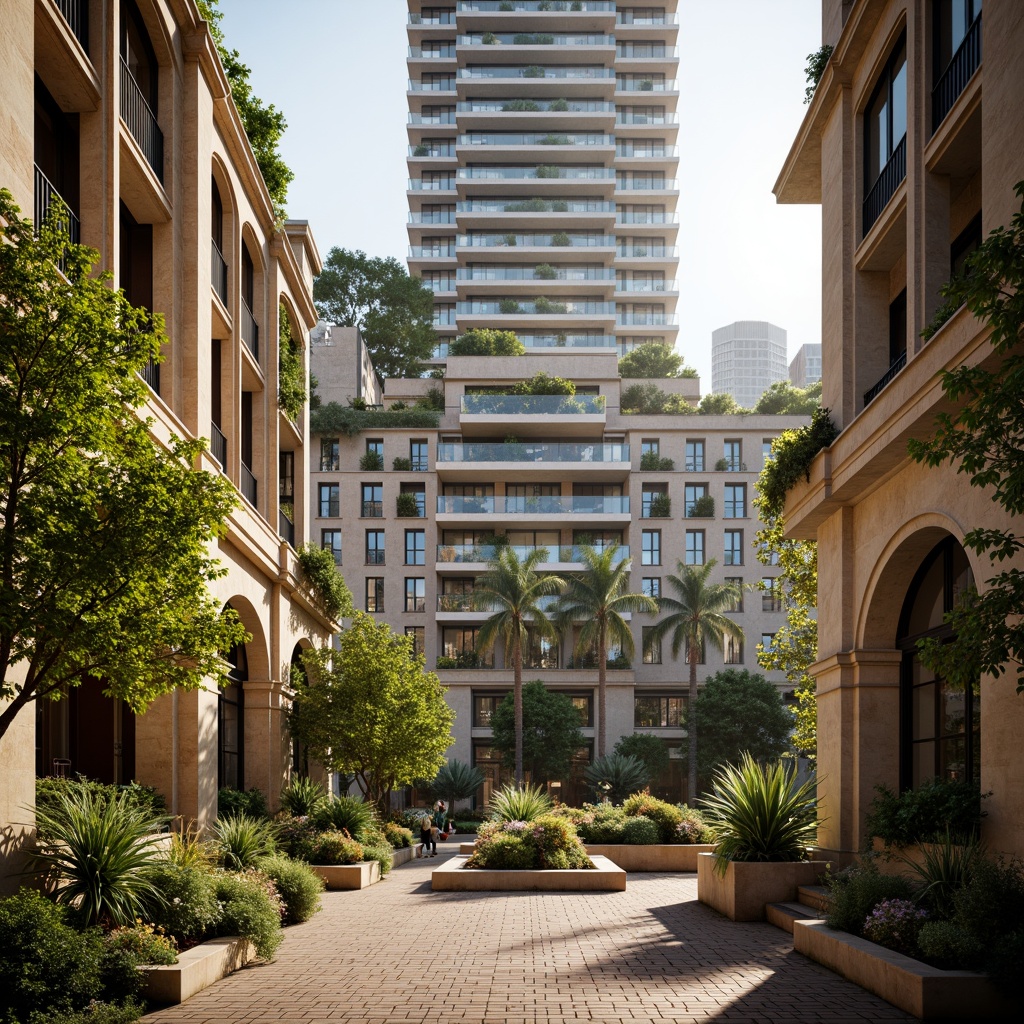 Prompt: Ancient Roman-inspired skyscraper, grand arches, ornate columns, rusticated stone walls, lush green roofs, verdant vertical gardens, cascading water features, natural stone walkways, intricate mosaics, warm golden lighting, soft focus, shallow depth of field, 1/2 composition, symmetrical framing, realistic textures, ambient occlusion, bustling cityscape, vibrant urban atmosphere.