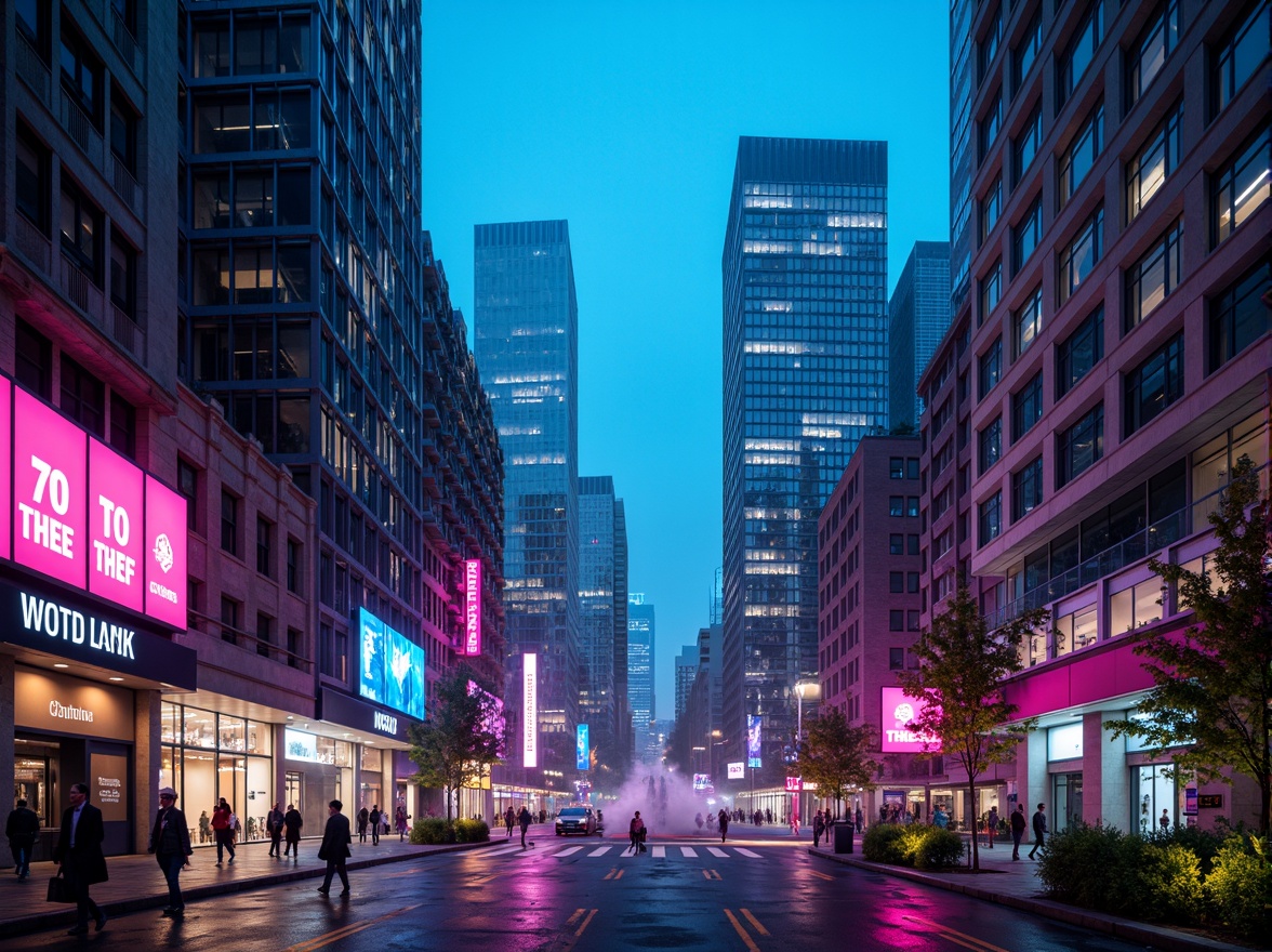 Prompt: Neon-lit skyscrapers, iridescent glass facades, metallic silver accents, holographic advertisements, luminescent LED lights, electric blue hues, vibrant pink neon signs, sleek chrome details, futuristic urban landscapes, cyberpunk cityscapes, dystopian alleys, retro-futuristic nostalgia, atmospheric mist effects, cinematic lighting, high-contrast shadows, 3/4 composition, symmetrical architecture, geometric patterns, abstract shapes, avant-garde design elements.