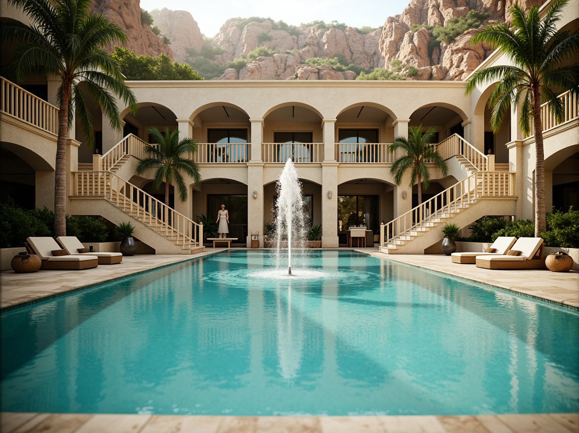 Prompt: Grandiose swimming pool, ornate fountains, majestic waterfalls, symmetrical staircases, elegant balustrades, refined stone carvings, classical columns, arched windows, soft turquoise water, lush greenery surroundings, natural rock formations, subtle misting systems, warm golden lighting, shallow depth of field, 1/2 composition, realistic textures, ambient occlusion.