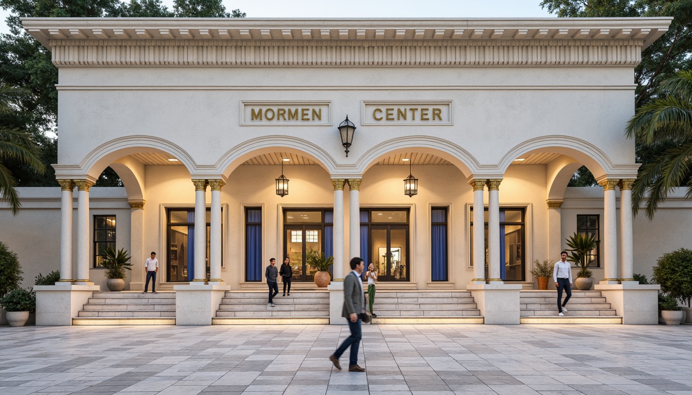 Prompt: Grandiose youth center facade, neoclassical columns, ornate pediments, symmetrical composition, creamy white marble, subtle rustication, elegant arches, refined pilasters, ornamental friezes, intricate moldings, vibrant blue accents, golden hardware, stately entranceways, sweeping staircases, luminous lanterns, soft warm lighting, shallow depth of field, 1/1 composition, realistic textures, ambient occlusion.