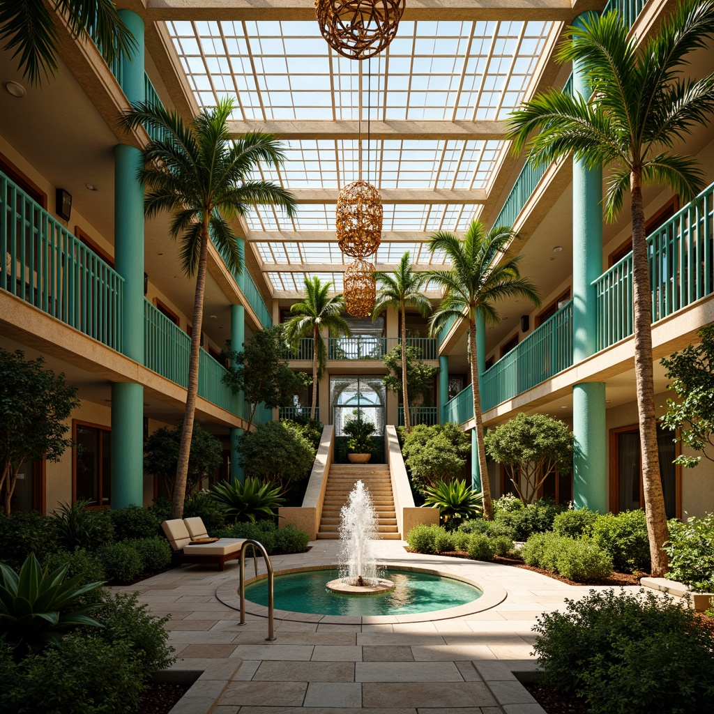 Prompt: Luxurious Art Deco building, ornate metalwork, geometric patterns, vibrant turquoise accents, lush greenery, tropical palm trees, sun-kissed courtyard, elegant fountain, grand staircase, opulent chandeliers, lavish textiles, metallic sheen, warm golden lighting, shallow depth of field, 1/1 composition, symmetrical framing, realistic reflections, ambient occlusion.