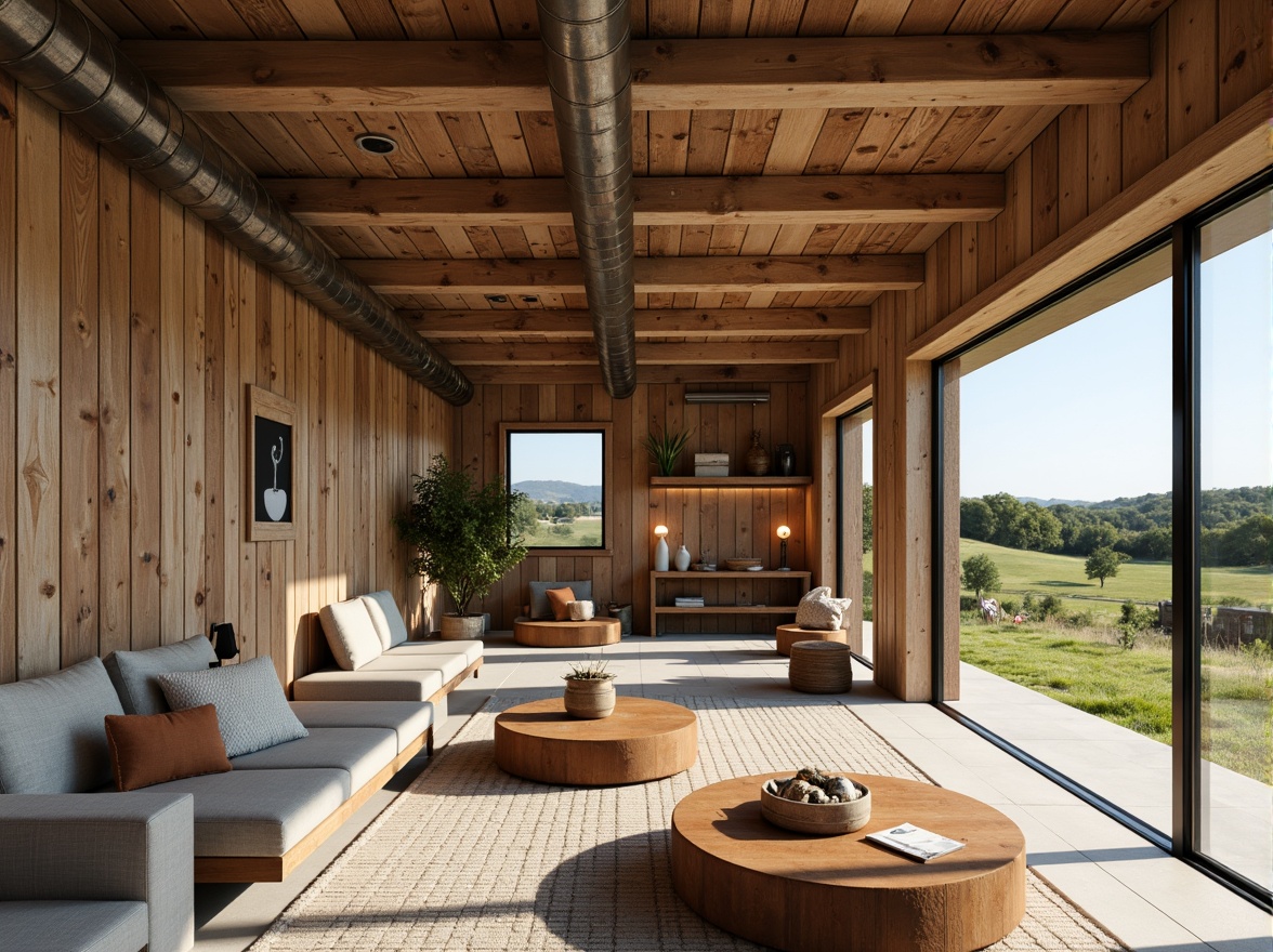 Prompt: Rustic barn, weathered wood, earthy tones, warm beige, soft grays, rich browns, natural textures, reclaimed materials, modern farmhouse, clean lines, minimal ornamentation, large windows, sliding glass doors, open floor plans, industrial lighting fixtures, exposed ductwork, wooden beams, metal accents, rural landscape, rolling hills, green pastures, sunny day, warm soft lighting, shallow depth of field, 3/4 composition, realistic textures, ambient occlusion.