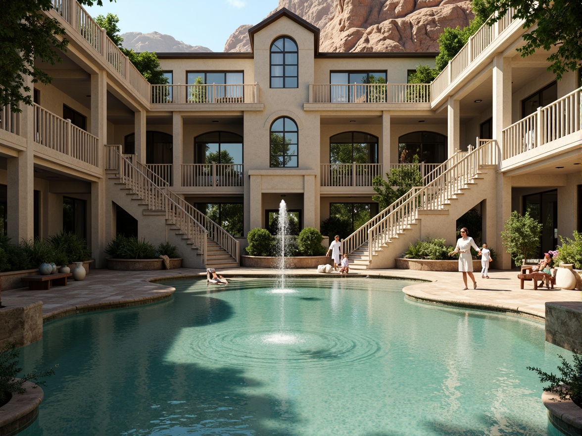 Prompt: Grandiose swimming pool, ornate fountains, majestic waterfalls, symmetrical staircases, elegant balustrades, refined stone carvings, classical columns, arched windows, soft turquoise water, lush greenery surroundings, natural rock formations, subtle misting systems, warm golden lighting, shallow depth of field, 1/2 composition, realistic textures, ambient occlusion.