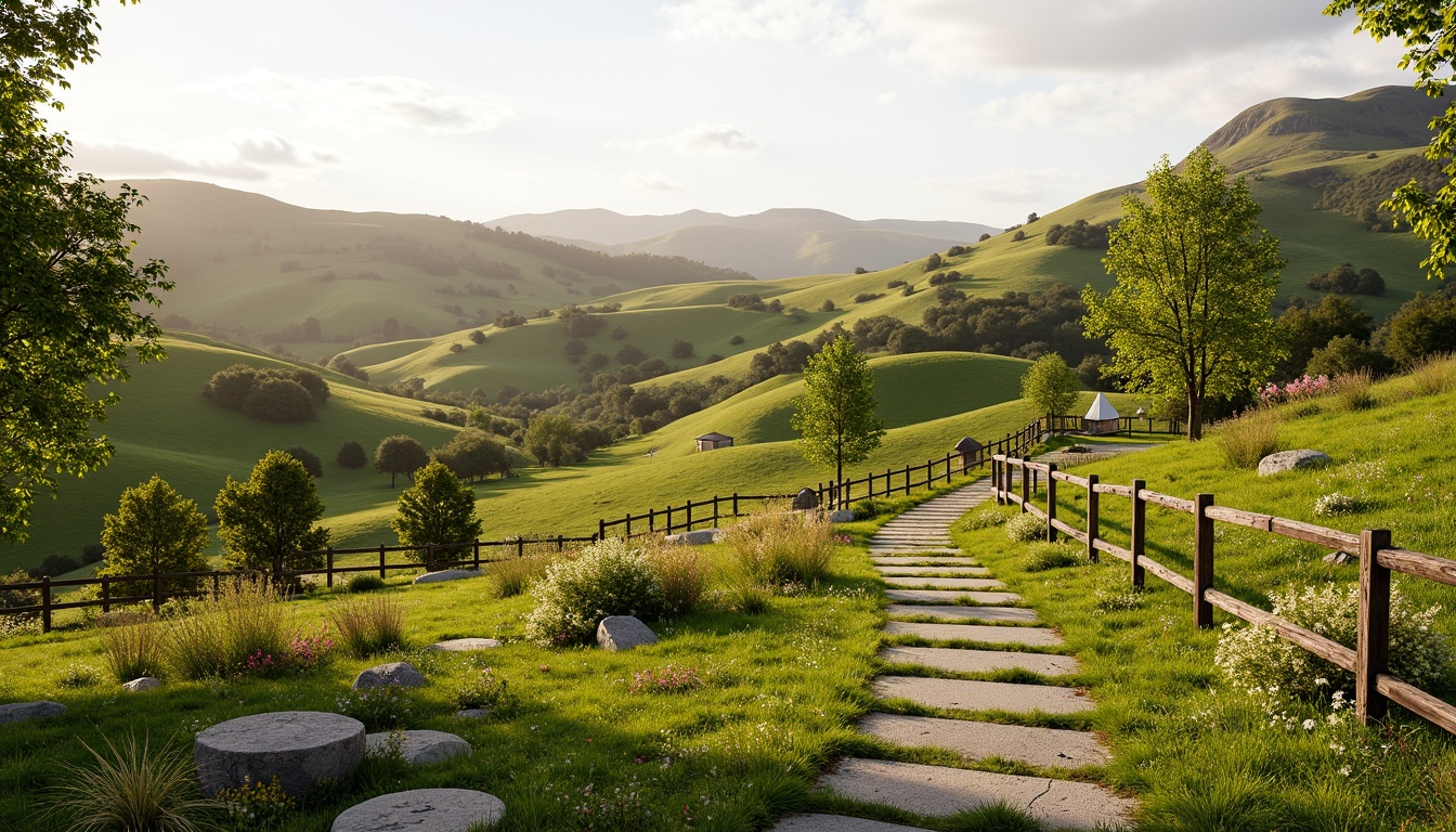 Prompt: Rolling hills, lush green grass, wildflowers, meandering pathways, rustic wooden fences, natural stone benches, serene atmosphere, warm sunlight, soft breeze, shallow depth of field, 3/4 composition, panoramic view, realistic textures, ambient occlusion, gentle slopes, scattered trees, native plant species, eco-friendly maintenance, sustainable irrigation systems, minimalist design, organic shapes, earthy color palette.