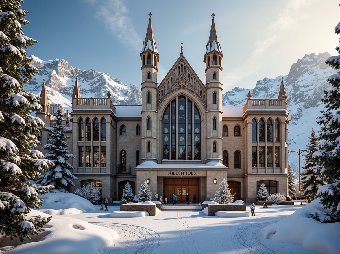 Prompt: Snow-capped mountains, frosty pine trees, icy slopes, grandiose ski center, ornate gothic details, pointed arches, ribbed vaults, flying buttresses, intricate stone carvings, stained glass windows, heavy wooden doors, rustic metal accents, snowflake patterns, frosty mist, warm golden lighting, dramatic shadows, 1/2 composition, low-angle shot, cinematic atmosphere, realistic snow textures, ambient occlusion.