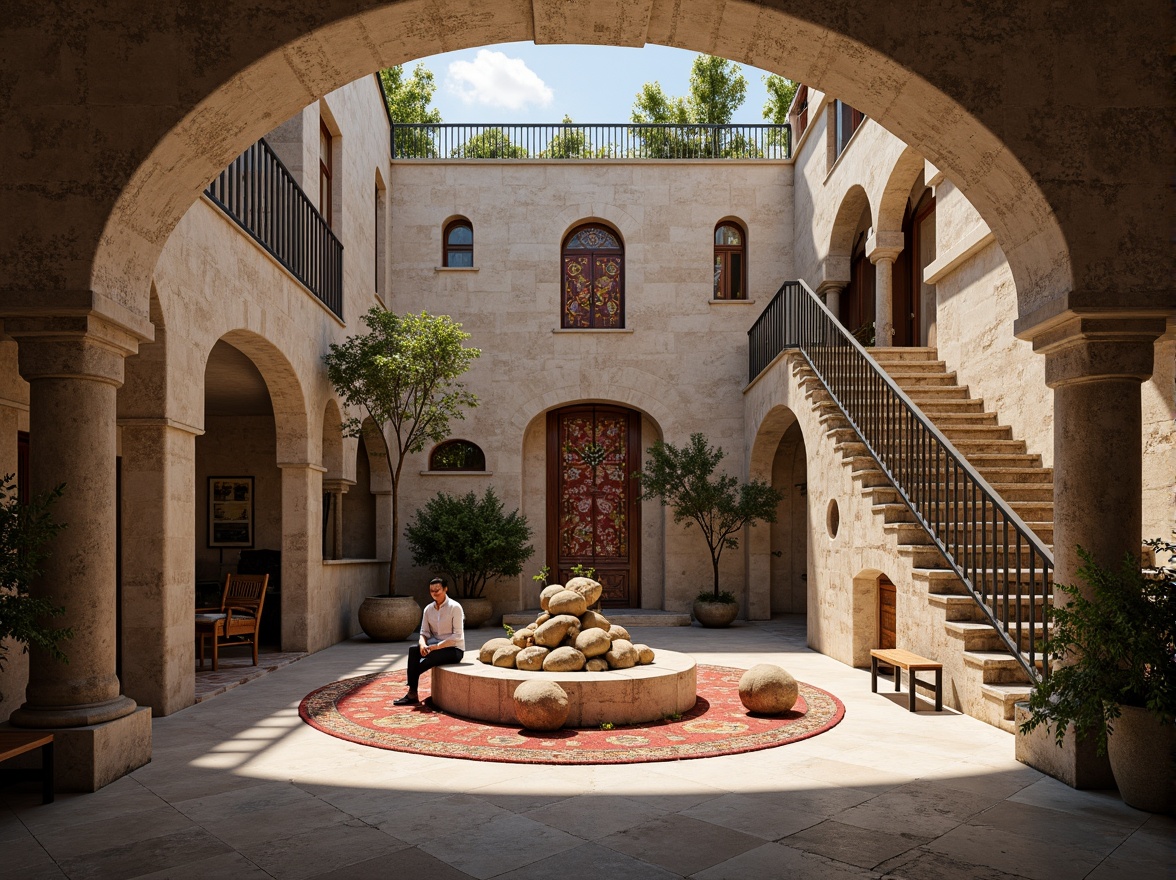 Prompt: Serene monastery courtyard, asymmetrical architecture, fragmented forms, irregular shapes, bold color contrasts, textured stone walls, rustic wooden doors, ornate metalwork, intricate stonework, vaulted ceilings, grand staircases, dramatic lighting, atmospheric shadows, abstract sculptures, eclectic furnishings, vibrant tapestries, spiritual symbols, peaceful ambiance, natural ventilation, abundant daylight, 1/2 composition, low-angle shot, warm color palette, subtle texture overlays.