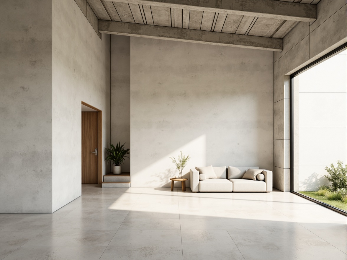 Prompt: Monochromatic minimalism, clean lines, simple shapes, neutral tones, soft whites, creamy beiges, pale grays, industrial materials, concrete walls, steel beams, wooden accents, natural textures, subtle patterns, ambient lighting, soft shadows, 1/1 composition, realistic renderings, atmospheric perspective.