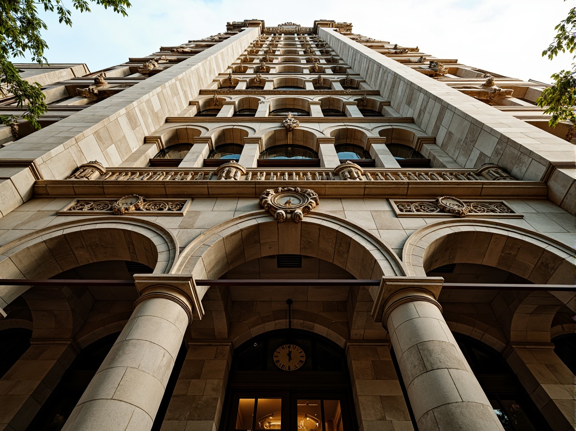 Prompt: Ornate skyscraper facade, Romanesque arches, intricately carved stonework, grandiose entranceways, ornamental columns, rusticated bases, sculpted gargoyles, Gothic-inspired spires, majestic clock towers, weathered stone textures, warm golden lighting, dramatic shadows, 1/2 composition, low-angle view, atmospheric perspective, detailed stonemasonry, realistic architectural details.