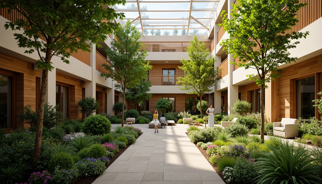 Prompt: Vibrant atrium, lush greenery, natural stone walls, wooden accents, floor-to-ceiling windows, clerestory windows, skylights, open spaces, minimalist decor, warm beige tones, soft diffused lighting, indirect sunlight, ambient shadows, 1/1 composition, shallow depth of field, realistic textures, subtle color palette, serene atmosphere, peaceful ambiance.