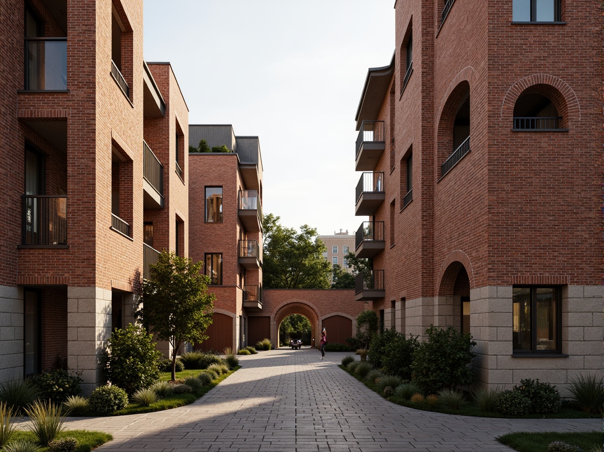 Prompt: Rustic brick buildings, modern masonry techniques, textured stone walls, ornate archways, grand entrance gates, intricate stonework patterns, earthy color palette, natural materials, sustainable architecture, eco-friendly design, green roofs, living walls, urban landscape, cityscape views, dramatic lighting effects, high-contrast shadows, 1/2 composition, symmetrical framing, warm golden hour lighting, realistic textures, ambient occlusion.