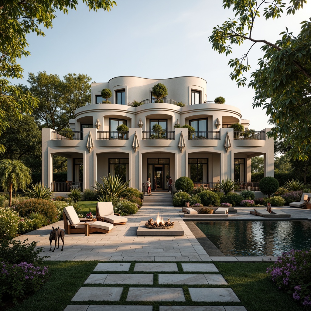 Prompt: Luxurious villa, Art Deco style, ornate facades, curved lines, geometric patterns, lavish gardens, lush greenery, vibrant flowers, tranquil ponds, walking paths, decorative fountains, elegant outdoor furniture, plush cushions, metallic accents, warm lighting, soft shadows, 1/1 composition, symmetrical framing, cinematic atmosphere, realistic textures, ambient occlusion.