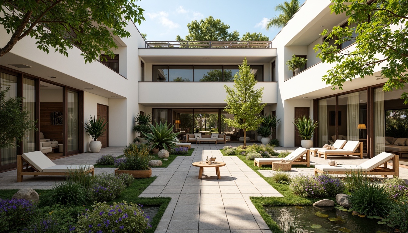 Prompt: Spacious residential courtyard, lush greenery, vibrant flowers, natural stone pathways, wooden benches, modern minimalist architecture, large windows, sliding glass doors, open-plan living areas, high ceilings, airy atmosphere, soft warm lighting, shallow depth of field, 3/4 composition, panoramic view, realistic textures, ambient occlusion, cozy reading nooks, built-in shelving units, comfortable outdoor seating, decorative planters, water features, small ponds, tranquil ambiance.