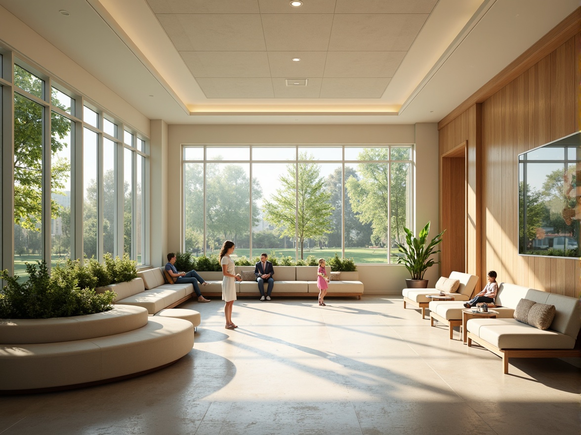 Prompt: Serene hospital interior, abundant natural light, floor-to-ceiling windows, greenery views, calming atmosphere, warm wood accents, soft pastel colors, gentle curves, minimalist decor, comfortable seating areas, quiet reading nooks, soothing water features, peaceful artwork, natural stone flooring, warm beige walls, modern medical equipment, sleek metal fixtures, subtle ambient lighting, shallow depth of field, 1/1 composition, realistic textures, ambient occlusion.