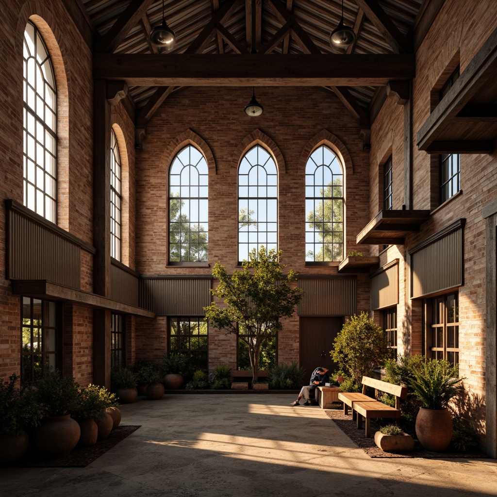 Prompt: Rustic industrial factory, Romanesque fa\u00e7ade, arched windows, ornate stone carvings, distressed brick walls, metal cladding, corrugated roofing, vintage machinery, exposed ductwork, reclaimed wood accents, earthy color palette, warm golden lighting, dramatic shadows, 1/2 composition, low-angle shot, realistic textures, ambient occlusion.