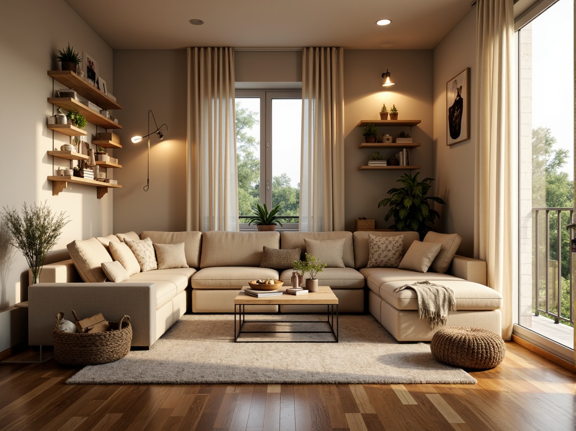 Prompt: Cozy living room, comfortable sofas, warm beige walls, wooden flooring, large windows, natural light, soft curtains, minimalist decor, functional shelving units, modern coffee table, plush area rug, ambient lighting, 1/1 composition, shallow depth of field, realistic textures, warm color palette, inviting atmosphere, ergonomic furniture arrangement, optimized traffic flow, ample storage spaces, cleverly hidden appliances.