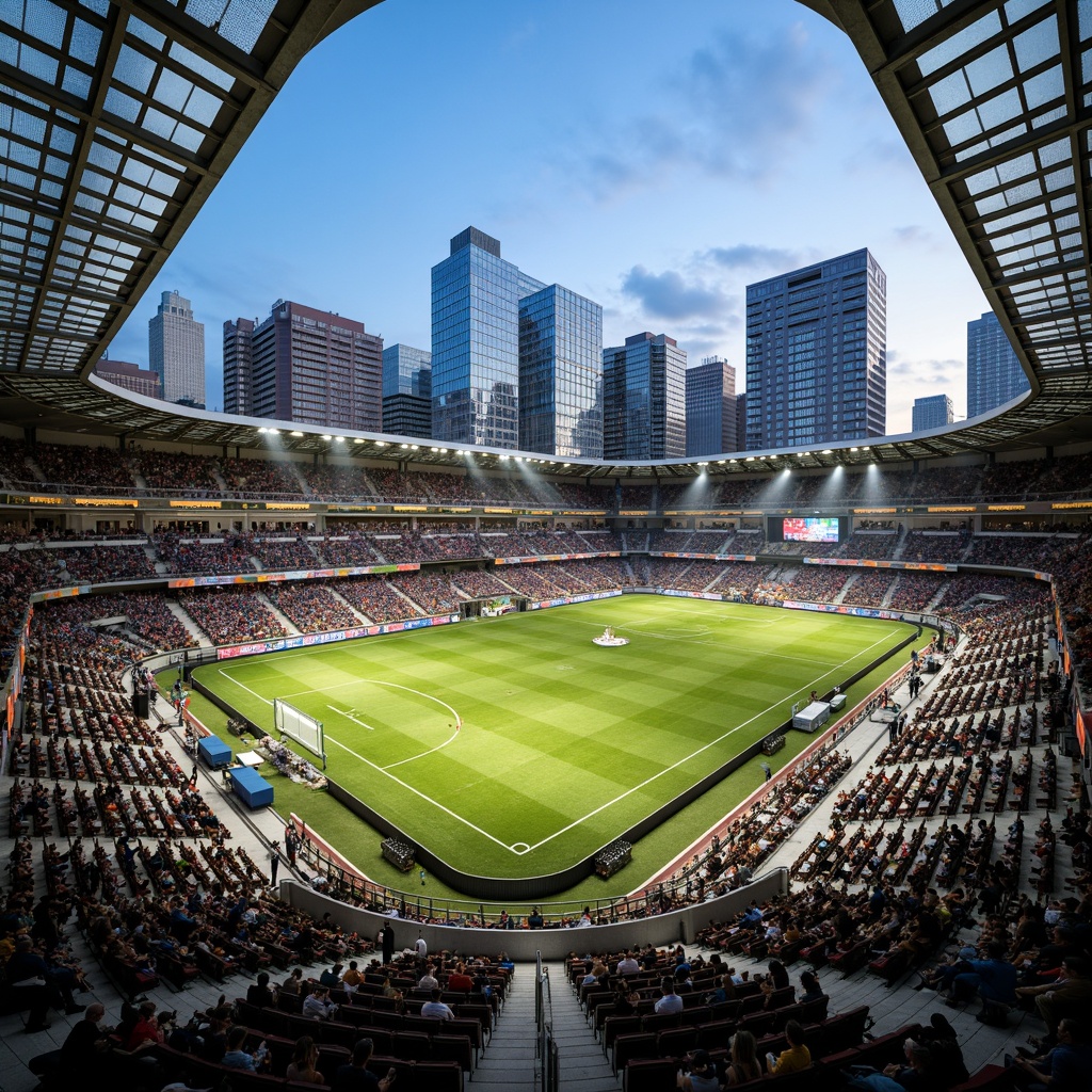 Prompt: Vibrant soccer stadium, open-air seating, lush green grass, athletic tracks, modern architecture, sleek metal beams, transparent roofs, natural ventilation systems, spacious concourses, dynamic lighting effects, evening ambiance, shallow depth of field, 3/4 composition, panoramic view, realistic textures, ambient occlusion, urban cityscape, bustling streets, vibrant street art, eclectic food vendors, lively atmosphere.