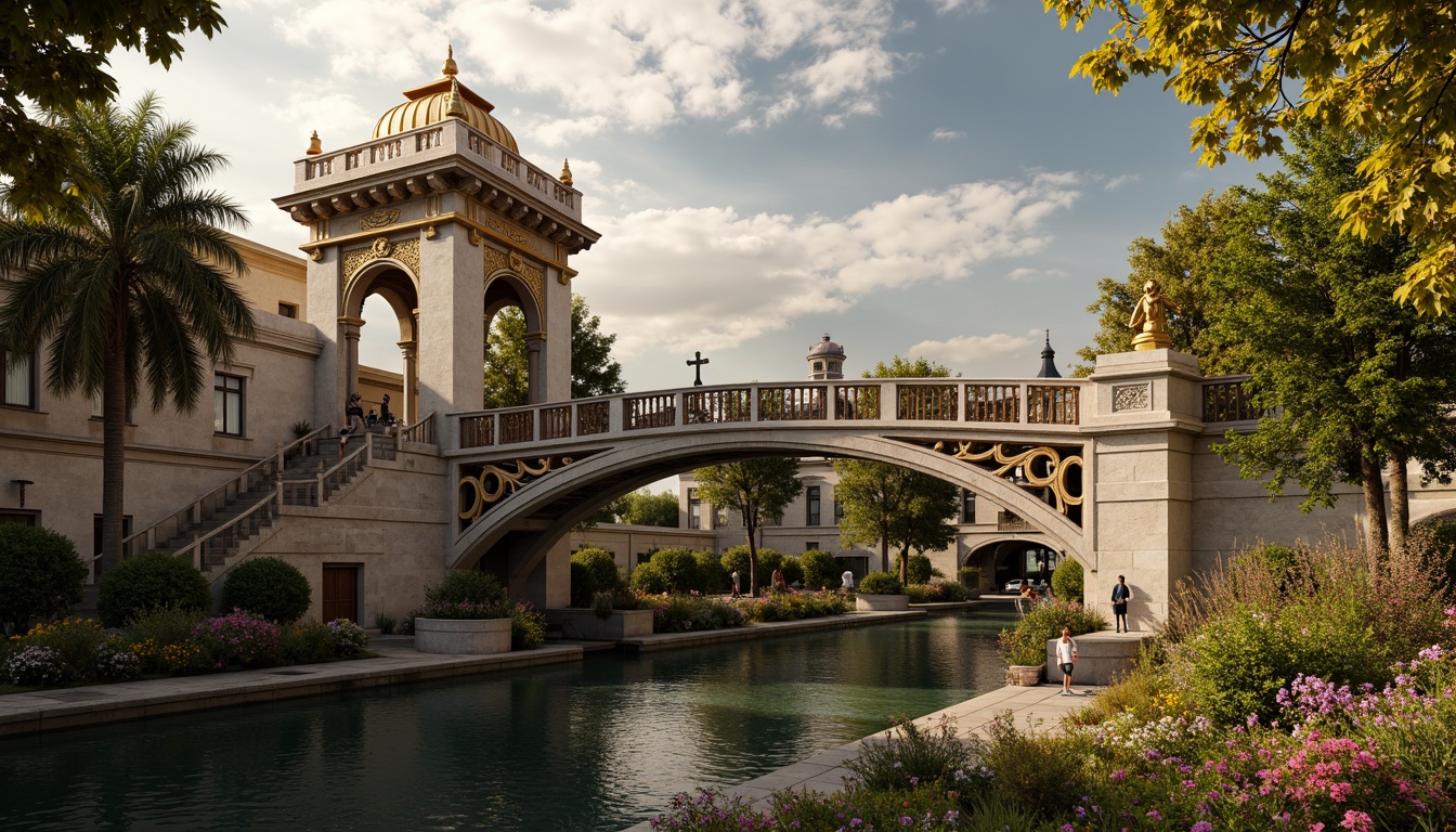 Prompt: Ornate bridge, grandiose arches, intricately carved stone balustrades, gilded accents, ornamental lanterns, majestic river views, serene water reflections, lush greenery, vibrant flowers, natural stone piers, decorative iron railings, Baroque-inspired architecture, sweeping curves, dramatic lighting, warm golden tones, shallow depth of field, 1/2 composition, realistic textures, ambient occlusion.