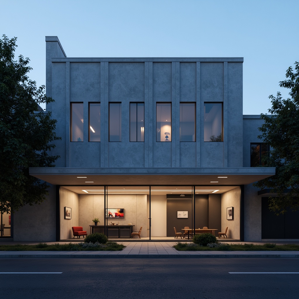 Prompt: Simple theater facade, minimalist architecture, clean lines, monochromatic color scheme, rectangular shapes, flat roofs, large glass windows, sliding doors, industrial materials, exposed concrete walls, subtle lighting, dramatic shadows, urban cityscape, evening atmosphere, soft box lights, 1/1 composition, realistic textures, ambient occlusion.