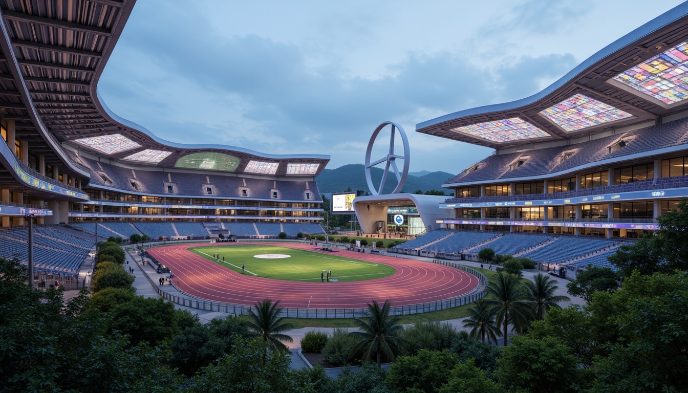 Prompt: Futuristic sports complex, undulating terrain, neon-lit athletic tracks, sleek metallic bleachers, holographic scoreboards, iridescent stadium roofs, glowing accents, vibrant LED lighting, misty atmospheric effects, shallow depth of field, 3/4 composition, panoramic view, realistic textures, ambient occlusion, lush greenery, tropical plants, palm trees, sandy pathways, winding water features, futuristic sculptures, abstract geometric patterns, dynamic kinetic architecture, wind-swept curves, aerodynamic lines.