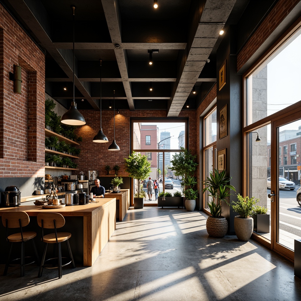 Prompt: Industrial-chic urban coffee shop, exposed brick walls, metal beams, reclaimed wood accents, large glass windows, sliding doors, minimalist signage, modern street art, bustling city streets, morning sunlight, warm cozy lighting, shallow depth of field, 1/2 composition, realistic textures, ambient occlusion.