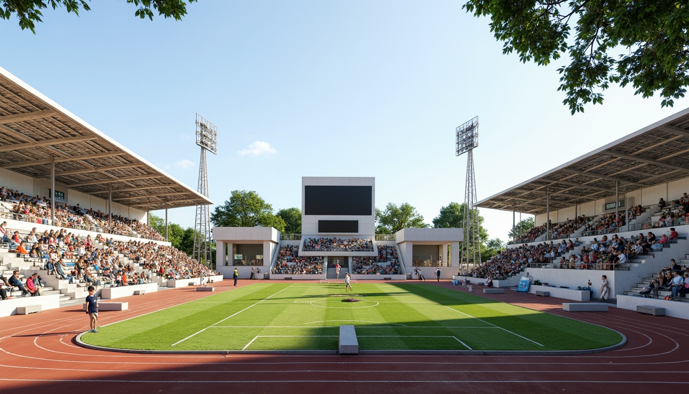 Prompt: Athletic track, lush green grass, vibrant sports equipment, goalposts, scoreboards, spectator stands, modern stadium architecture, sleek metal bleachers, transparent glass railings, dynamic angular lines, functional minimalist design, efficient crowd circulation, accessible entrances, intuitive wayfinding, natural stone pathways, shaded areas, misting systems, warm sunny day, soft diffused lighting, shallow depth of field, 3/4 composition, panoramic view, realistic textures, ambient occlusion.