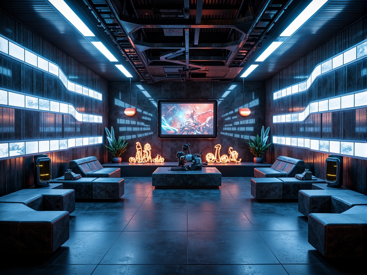 Prompt: Futuristic interior, metallic surfaces, neon-lit accents, iridescent glass panels, holographic displays, sleek carbon fiber furniture, high-gloss finishes, LED lighting strips, translucent acrylic walls, minimalist decor, avant-garde sculptures, futuristic gadgets, virtual reality interfaces, cyberpunk-inspired color schemes, dark ambient lighting, shallow depth of field, 1/1 composition, cinematic camera angles, realistic reflections, advanced material textures.