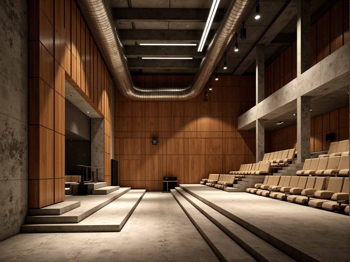 Prompt: Bauhaus-style auditorium, minimalist interior design, rectangular shape, industrial materials, exposed ductwork, concrete floors, steel beams, wooden acoustic panels, geometric patterns, functional lighting, warm color tones, intimate seating arrangement, raised stage, professional sound equipment, suspended speakers, audio visual installations, natural textiles, brutalist architecture, urban atmosphere, soft box lighting, 1/2 composition, realistic renderings.