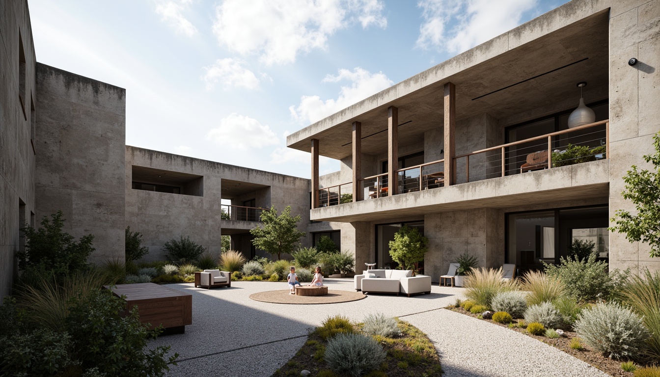 Prompt: Rugged laboratory buildings, brutalist architecture, industrial landscapes, concrete structures, steel beams, exposed ductwork, minimalist vegetation, succulent plants, gravel pathways, weathered stone walls, rusted metal accents, functional outdoor spaces, utilitarian design, harsh overhead lighting, dramatic shadows, 1/1 composition, high-contrast textures, ambient occlusion.