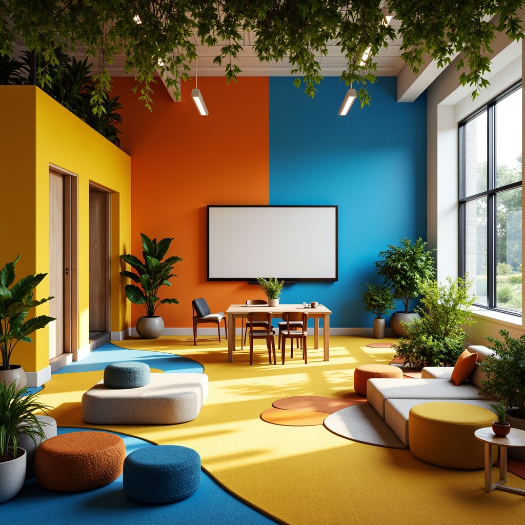 Prompt: Vibrant creative learning space, bold color scheme, stimulating yellow accents, calming blue undertones, energetic orange hues, inspiring greenery, natural wood textures, modern minimalist furniture, sleek metal legs, comfortable cushioned seating, collaborative workstations, interactive whiteboards, innovative technology integration, abundant natural light, soft warm glow, shallow depth of field, 3/4 composition, panoramic view, realistic textures, ambient occlusion.