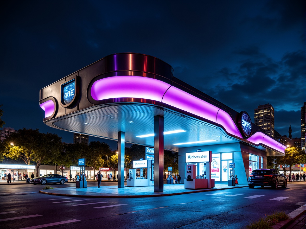 Prompt: Vibrant gas station, futuristic facade design, fusion architecture, curved lines, metallic materials, neon lights, LED signage, modern fuel pumps, sleek canopies, angular columns, cantilevered roofs, urban landscape, busy streets, cityscape background, dramatic nighttime lighting, shallow depth of field, 1/1 composition, realistic reflections, ambient occlusion.