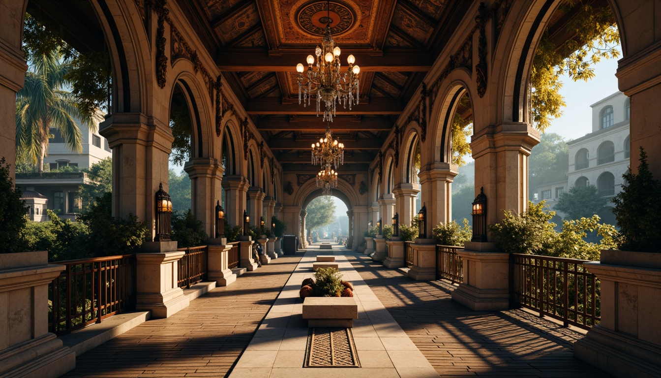 Prompt: Ornate Baroque bridge, rustic stone arches, intricately carved balustrades, polished bronze railings, ornamental lanterns, weathered copper roofing, distressed wooden decking, rich velvet draping, gilded accents, lavish crystal chandeliers, soft warm lighting, misty atmospheric effects, shallow depth of field, 1/2 composition, cinematic view, realistic textures, ambient occlusion.