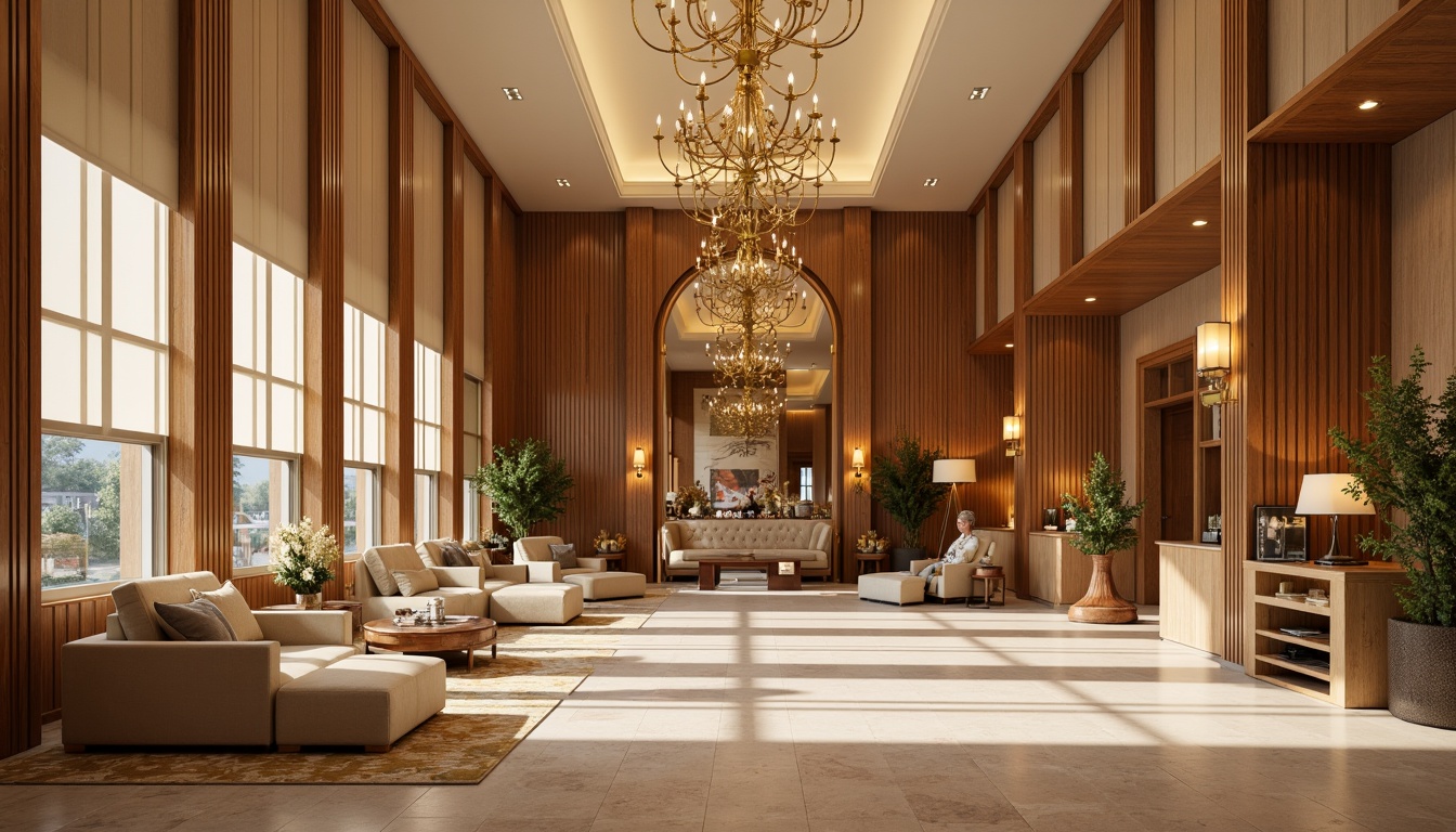 Prompt: Luxurious hotel lobby, rich wood accents, warm beige tones, soft cream hues, velvety textures, metallic gold details, elegant chandeliers, sophisticated furniture designs, ambient warm lighting, shallow depth of field, 3/4 composition, panoramic view, realistic reflections, subtle gradient effects.