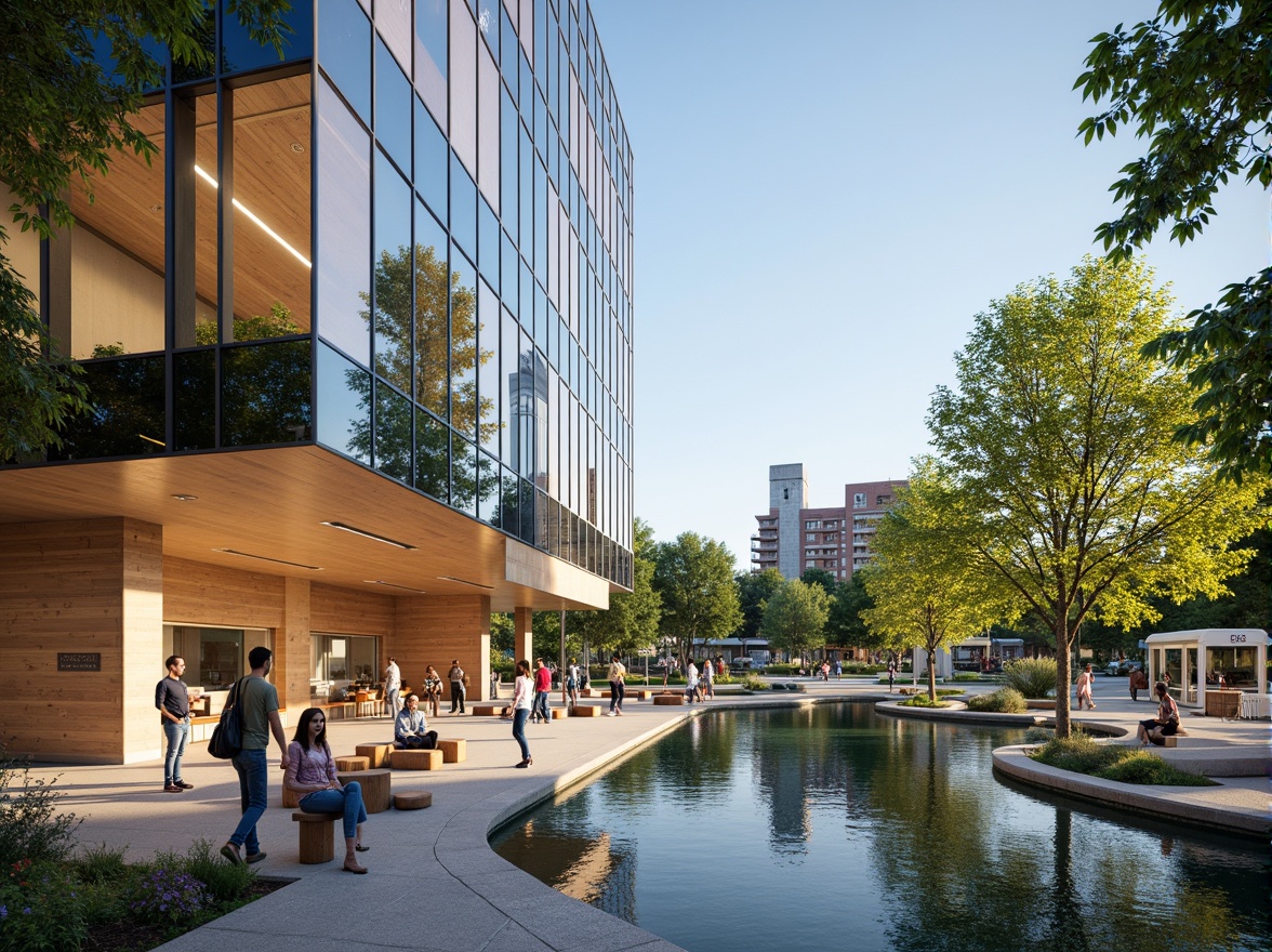 Prompt: Contemporary community center, reflective glass fa\u00e7ade, minimalist interior design, open floor plan, natural light pouring in, wooden accents, comfortable seating areas, vibrant color schemes, interactive public art installations, dynamic LED lighting, flexible multipurpose spaces, acoustic panels, collaborative workspaces, educational resources, inclusive accessibility features, calming water features, lush greenery surroundings, sunny day, soft warm lighting, shallow depth of field, 3/4 composition, panoramic view, realistic textures, ambient occlusion.