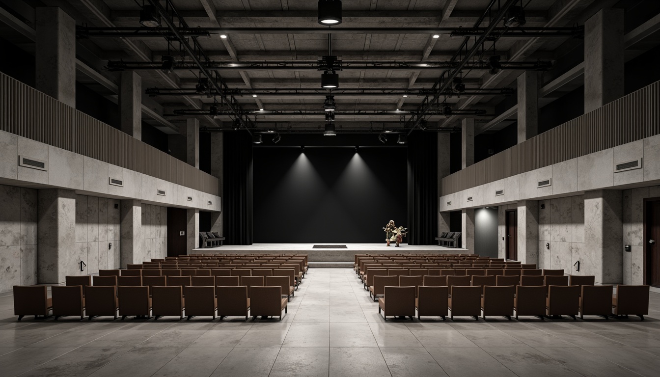 Prompt: Minimalist theater interior, concrete floors, industrial metal beams, exposed ductwork, simple wooden seats, sleek black stage, subtle LED lighting, sparse audience seating, open backstage area, natural stone walls, polished steel railings, monochromatic color scheme, dramatic spotlights, 1/1 composition, high-contrast shadows, realistic textures, ambient occlusion.