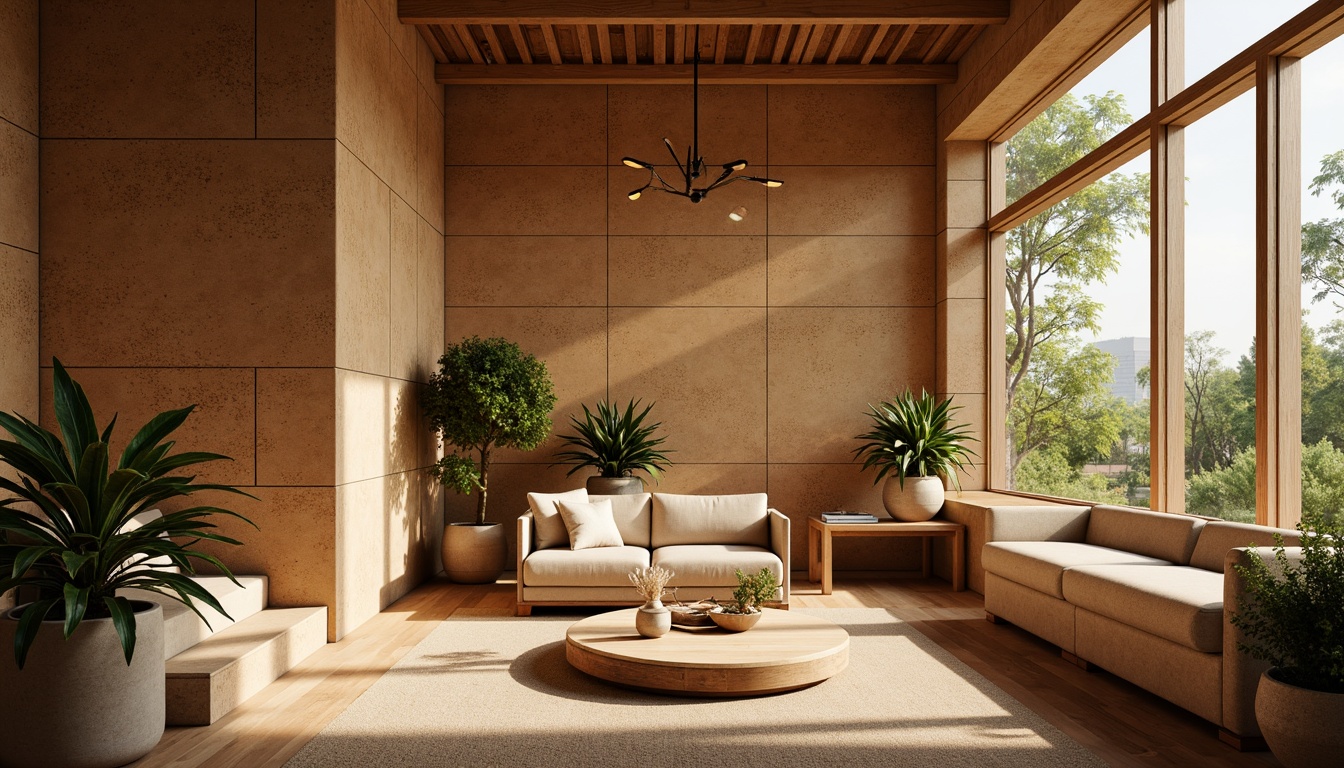 Prompt: Natural cork walls, earthy tones, organic textures, sustainable materials, eco-friendly design, warm ambient lighting, soft shadows, 3/4 composition, shallow depth of field, realistic renderings, subtle grain patterns, natural imperfections, rustic charm, cozy atmosphere, intimate spaces, minimalist decor, earthy color palette, nature-inspired accents.