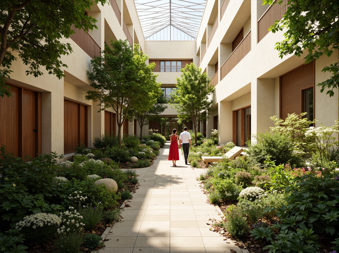 Prompt: Vibrant atrium, lush greenery, natural stone walls, wooden accents, floor-to-ceiling windows, clerestory windows, skylights, open spaces, minimalist decor, warm beige tones, soft diffused lighting, indirect sunlight, ambient shadows, 1/1 composition, shallow depth of field, realistic textures, subtle color palette, serene atmosphere, peaceful ambiance.