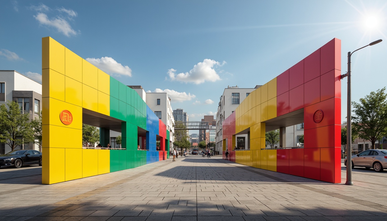 Prompt: Primary colors, geometric shapes, clean lines, minimalist aesthetic, industrial materials, steel beams, concrete walls, functional simplicity, rectangular forms, circular motifs, triangular compositions, bold typography, sans-serif fonts, urban landscape, modern cityscape, sunny day, high contrast lighting, deep shadows, 1/1 composition, symmetrical balance, abstract patterns, monochromatic color scheme, brutalist architecture, functional design, innovative materials, avant-garde spirit.