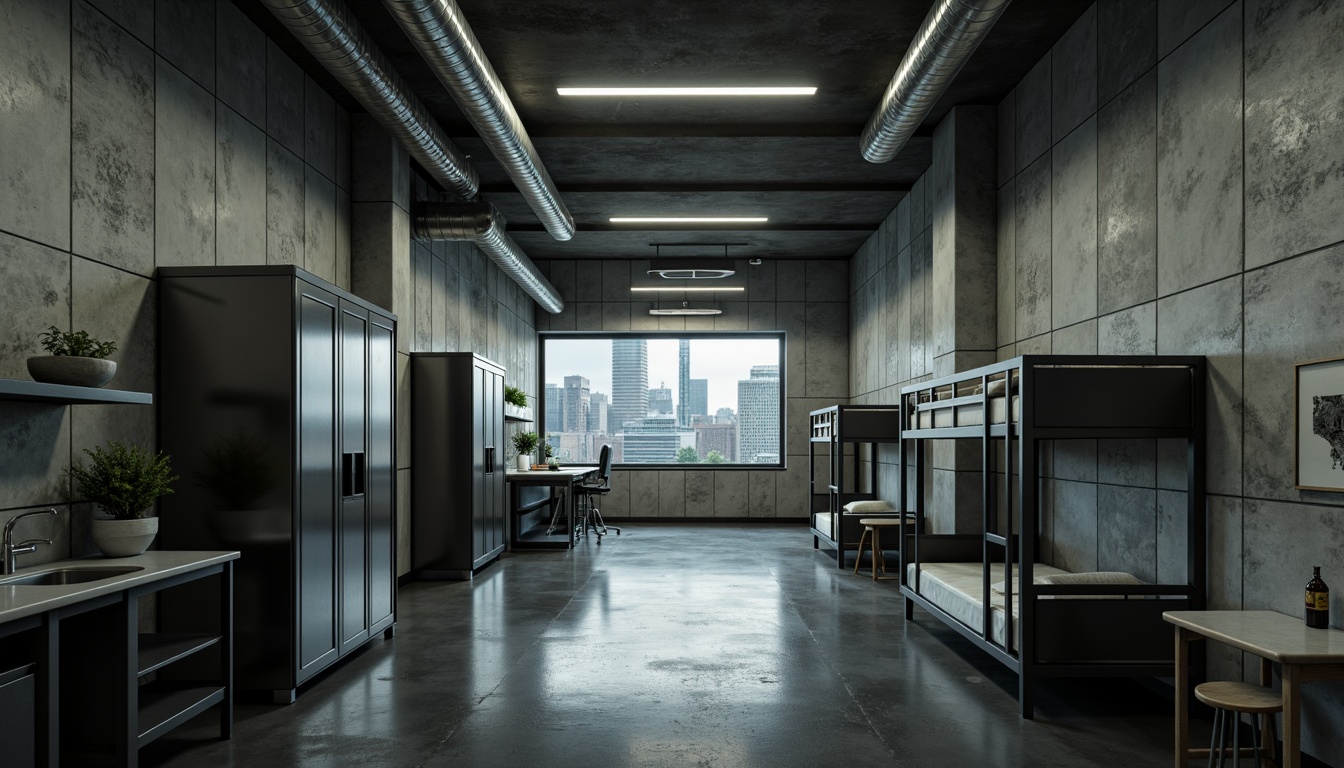 Prompt: Raw concrete walls, exposed ductwork, industrial-style lighting, functional corridors, communal kitchens, minimalist dorm rooms, bunk beds, metal lockers, institutional furniture, urban cityscape views, overcast skies, dramatic shadows, high-contrast lighting, 1/1 composition, symmetrical framing, gritty textures, ambient occlusion.