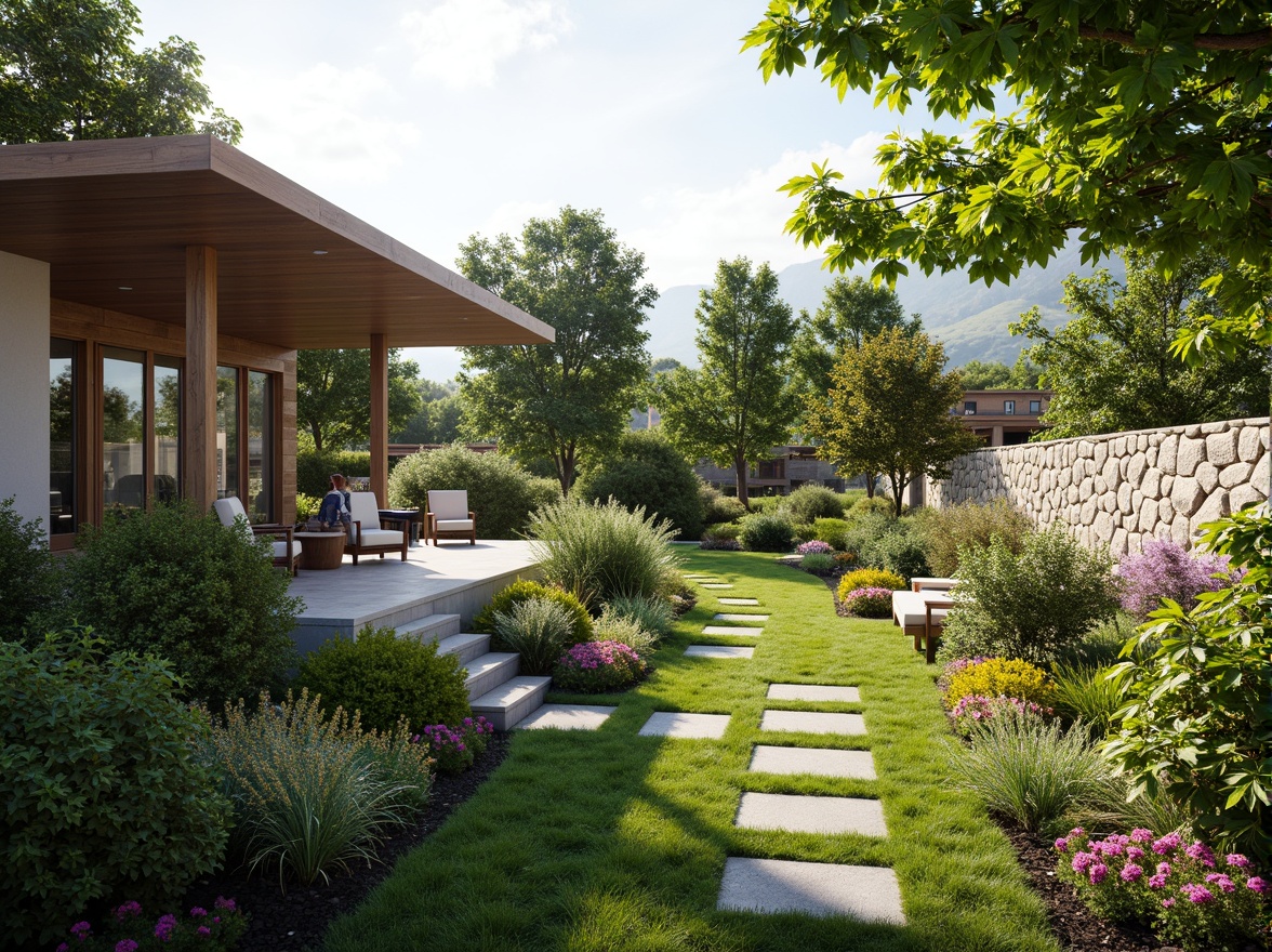 Prompt: Vibrant garden, lush greenery, blooming flowers, meandering pathways, wooden benches, natural stone walls, modern outdoor furniture, cantilevered roofs, floor-to-ceiling windows, sliding glass doors, warm sunny day, soft diffused lighting, shallow depth of field, 3/4 composition, panoramic view, realistic textures, ambient occlusion.