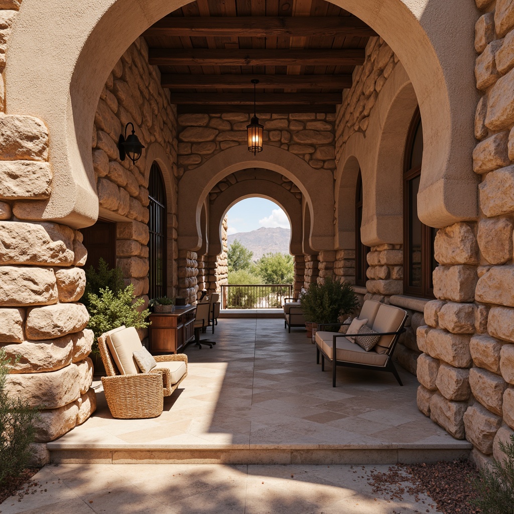 Prompt: Rustic sandstone walls, burgundy accent stones, earthy tones, natural textures, rugged landscape, desert flora, warm sunny day, soft diffused lighting, shallow depth of field, 1/2 composition, realistic rock formations, ambient occlusion, intricate stone carvings, ornate metal details, luxurious velvet fabrics, rich wood furnishings, cozy intimate spaces, dramatic archways, grand entrance halls.