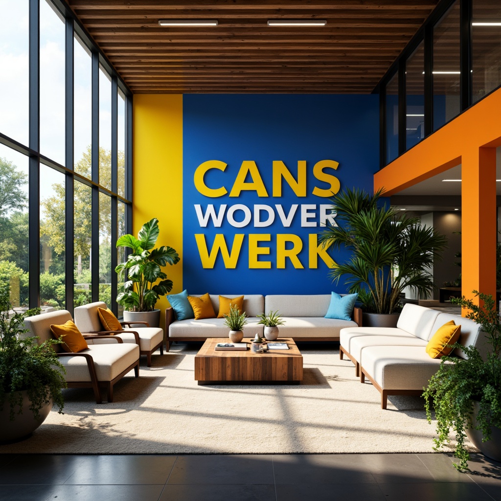 Prompt: Vibrant motivational space, bold typography, energetic color scheme, bright yellow accents, deep blue backgrounds, contrasting orange highlights, sleek modern furniture, minimalist decor, natural wood textures, abundant greenery, floor-to-ceiling windows, abundant sunlight, soft warm glow, shallow depth of field, 3/4 composition, panoramic view, realistic textures, ambient occlusion.