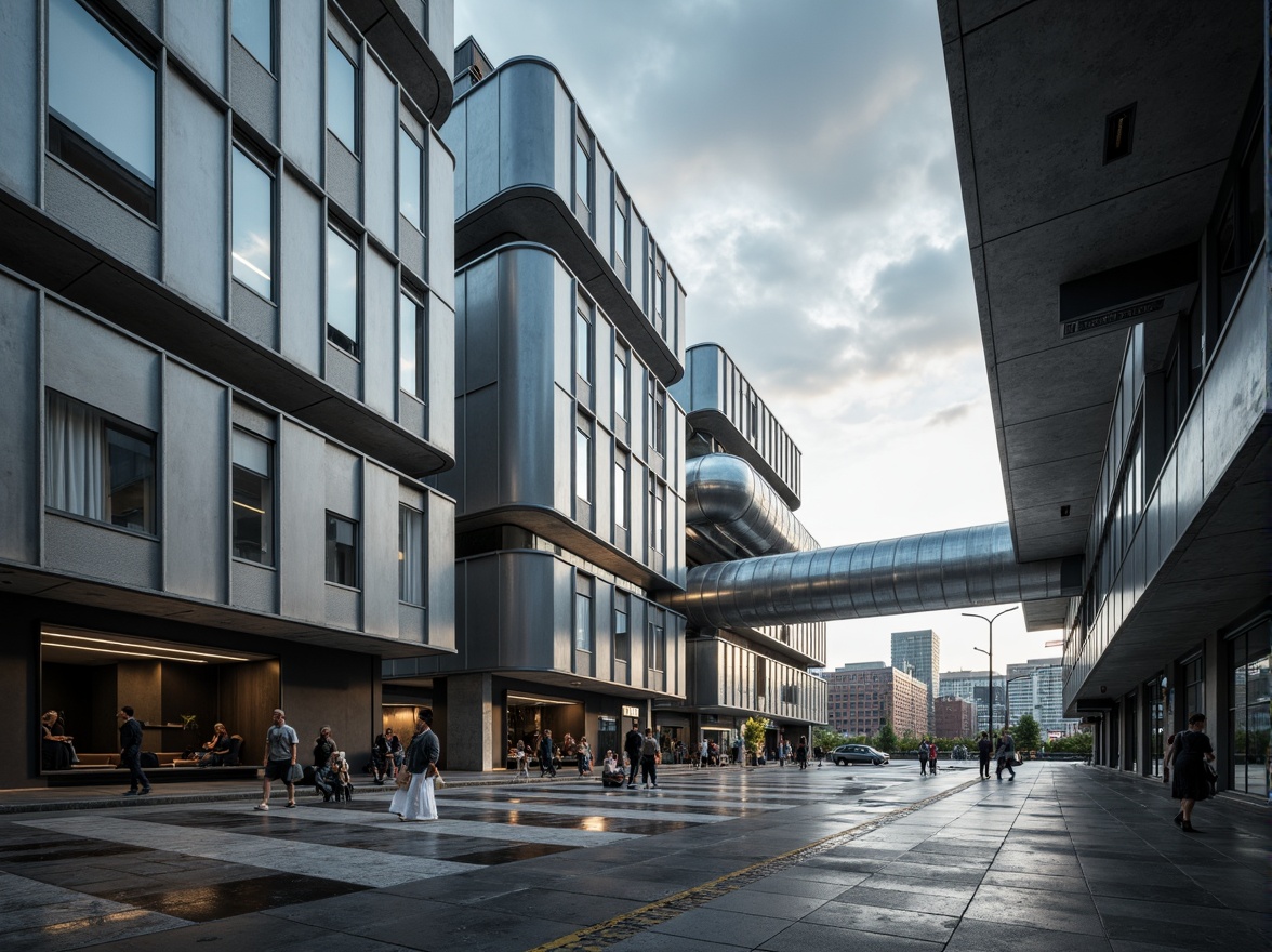 Prompt: Modern steel buildings, sleek metal facades, industrial chic aesthetic, exposed ductwork, polished concrete floors, minimalist interior design, urban cityscape, cloudy grey sky, dramatic lighting effects, high-contrast shadows, 1/1 composition, shallow depth of field, realistic metallic textures, ambient occlusion.