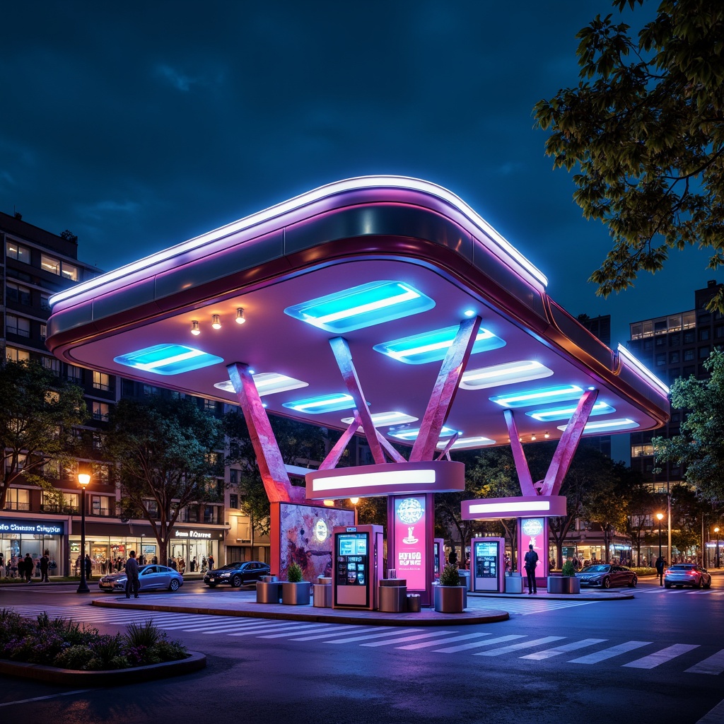 Prompt: Vibrant gas station, futuristic facade design, fusion architecture, curved lines, metallic materials, neon lights, LED signage, modern fuel pumps, sleek canopies, angular columns, cantilevered roofs, urban landscape, busy streets, cityscape background, dramatic nighttime lighting, shallow depth of field, 1/1 composition, realistic reflections, ambient occlusion.