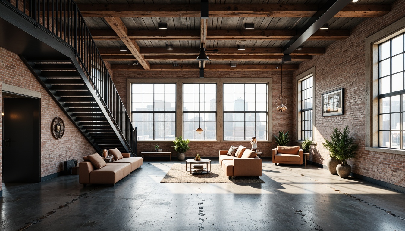 Prompt: Exposed steel beams, industrial chic aesthetic, polished concrete floors, minimalist decor, modern urban loft, open-plan living space, floor-to-ceiling windows, natural light pouring in, sleek metal staircases, geometric-shaped railings, reclaimed wood accents, distressed brick walls, edgy architectural lines, dramatic shadows, high-contrast lighting, 1/1 composition, symmetrical framing, realistic textures, ambient occlusion.