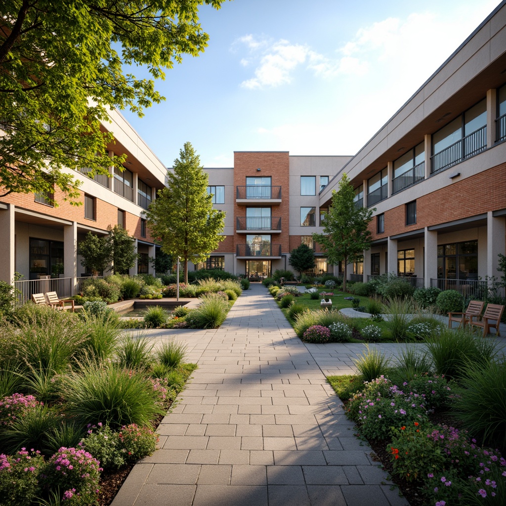 Prompt: Soothing hospital courtyard, lush greenery, vibrant flowers, natural stone walkways, water features, serene seating areas, calming ambiance, modern hospital architecture, large windows, glass doors, abundant natural light, warm color schemes, comfortable patient rooms, peaceful waiting areas, healing gardens, therapeutic outdoor spaces, accessible walking paths, wheelchair-friendly ramps, gentle slope landscaping, soft warm lighting, shallow depth of field, 3/4 composition, panoramic view, realistic textures, ambient occlusion.