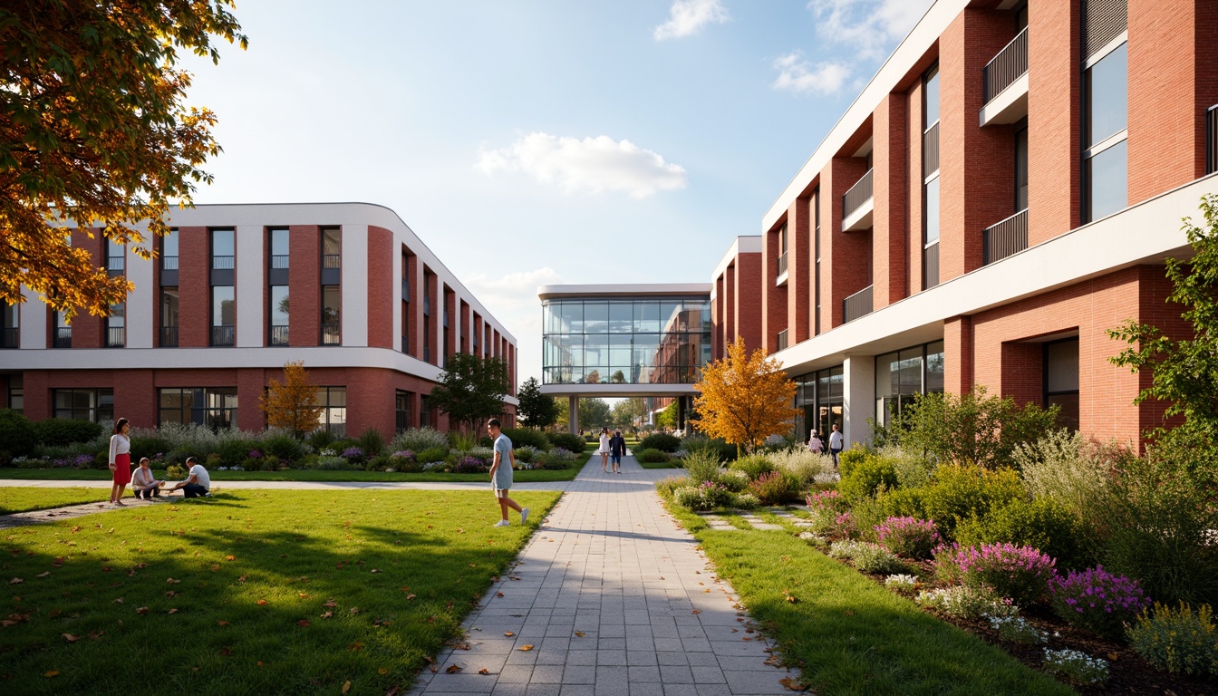 Prompt: Vibrant university campus, harmonious color palette, bold red brick buildings, contrasting white accents, lush green lawns, blooming flowers, natural stone pathways, modern minimalist architecture, sleek glass facades, warm golden lighting, shallow depth of field, 3/4 composition, panoramic view, realistic textures, ambient occlusion.