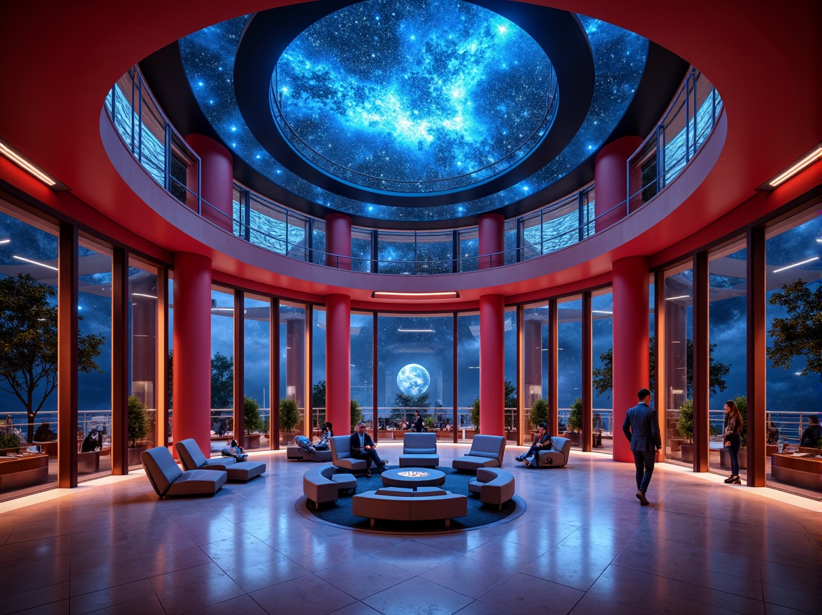 Prompt: Cosmic planetarium, futuristic dome structure, geometric shapes, Bauhaus-inspired design, bold color blocking, abstract patterns, circular orbits, starry night sky, neon-lit constellations, minimalist furniture, sleek metal accents, glass partitions, ambient lighting, 3/4 composition, low-angle shot, cinematic atmosphere, realistic textures, subtle animations.