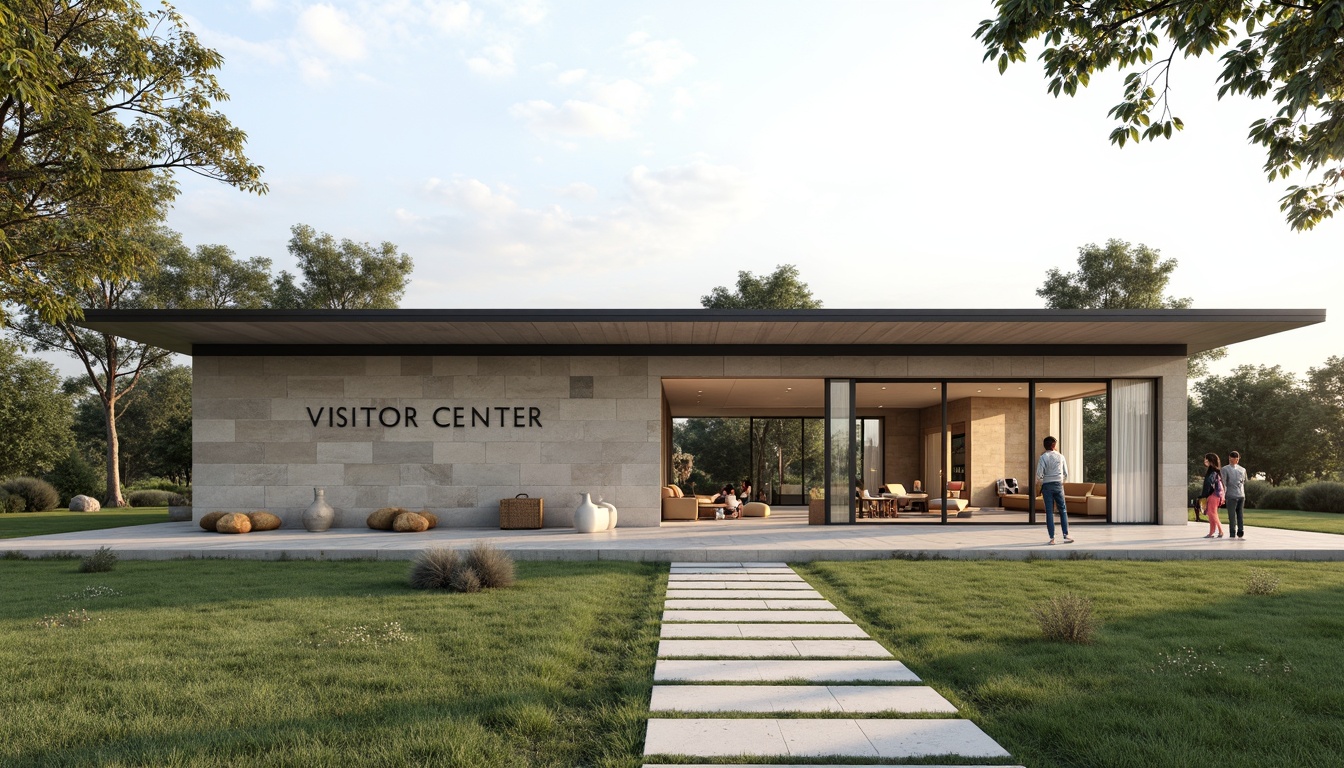 Prompt: Simple visitor center, minimalist facade, clean lines, monochromatic color scheme, natural stone walls, large glass windows, sliding doors, open floor plan, minimal ornamentation, functional design, subtle branding, wooden accents, neutral tones, abundant natural light, soft shadows, shallow depth of field, 1/1 composition, realistic textures, ambient occlusion, serene surroundings, lush greenery, walking trails, scenic views.