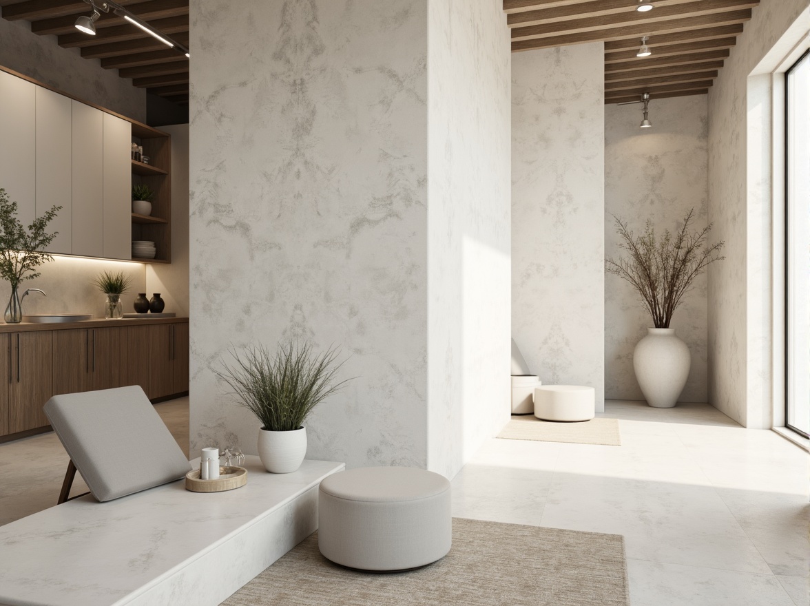 Prompt: Monochromatic minimalism, clean lines, simple shapes, neutral tones, soft whites, creamy beiges, pale grays, industrial materials, concrete walls, steel beams, wooden accents, natural textures, subtle patterns, ambient lighting, soft shadows, 1/1 composition, realistic renderings, atmospheric perspective.